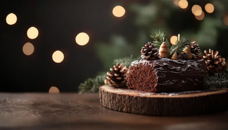 Realistic photograph of a chocolate yule log cake decorated for christmas on a wooden plateの素材