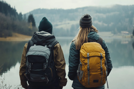 Couple travelers admire the serene mountain lake in the beautiful austrian landscape adventureの素材