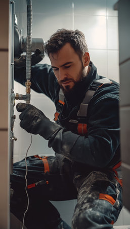 Hydraulic mechanic fixes electric water heater in residential setting a home repair insightの素材