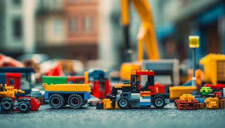 Vibrant lego construction tools and machinery with a miniature building in a softly lit sceneの素材