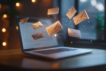 3d visualization of laptop surrounded by flying envelopes, representing email marketing conceptsの素材
