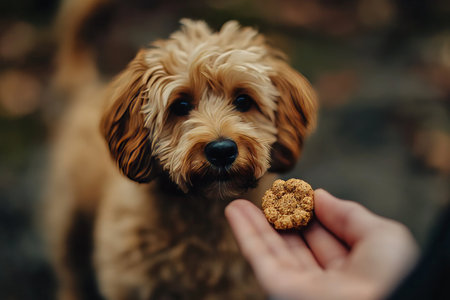 Human hand offering a small dog treat with a canine companion in a blurred backgroundの素材