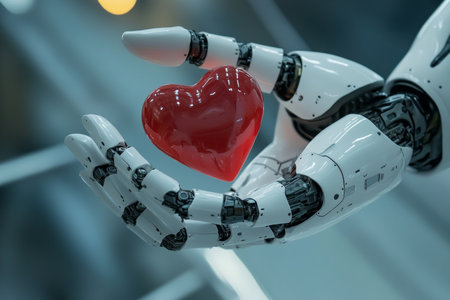 White ai robot offering a red heart symbolizing love on gray background, empathy and compassionの素材