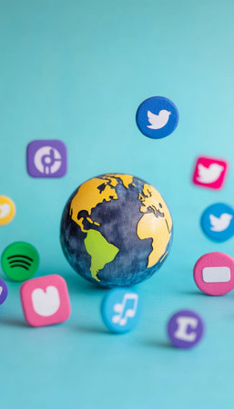 Digital globe surrounded by social media icons symbolizing global connectivity and interactionの素材