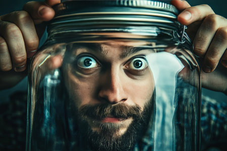 A man trapped in a jar exploring the theme of restriction and pressure in online existenceの素材