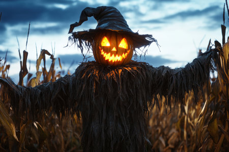 Terrifying scarecrow haunting a cornfield at dusk a chilling atmosphere of horror and dreadの素材