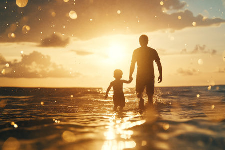 Heartwarming sunset moments a father and child playing together in the ocean s embraceの素材