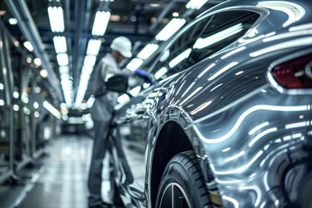Worker in protective gear inspects front end of silver car on assembly line under bright lightsの素材