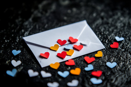 Valentine's day photography of colorful heart adorned envelope on dark backgroundの素材