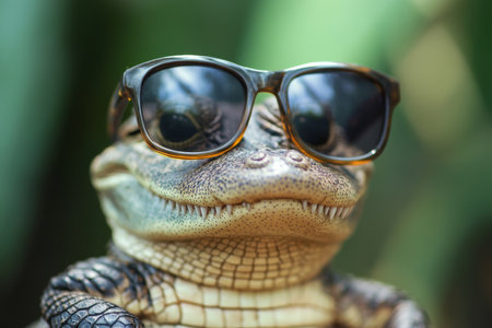 Adorable crocodile wearing sunglasses, exuding charm and fun in a delightful sceneの素材