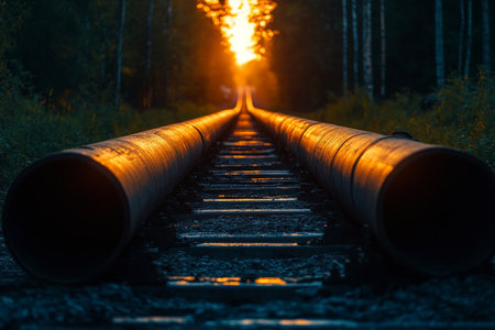 Industrial photography of pipeline transport in petrochemical and gas processing facilitiesの素材