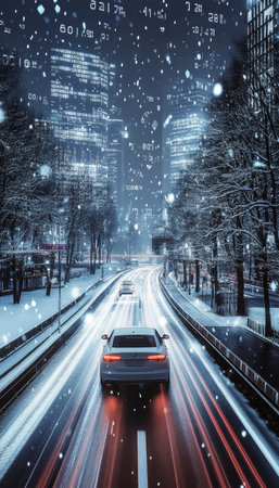 Dynamic urban scene car driving on snowy highway surrounded by trees and data visualizationsの素材