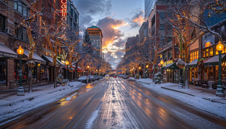 A snowy downtown denver street scene during the christmas season evoking holiday cheerの素材
