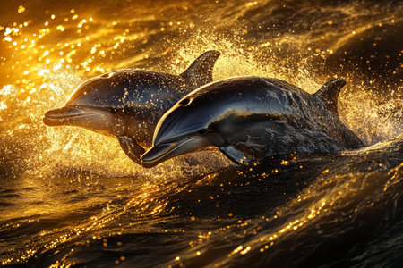 Joyful dolphins leaping in the sunlit ocean, capturing playful interaction and serene atmosphereの素材