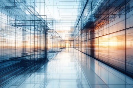 Futuristic architectural wireframe rendering of a urban modern building complex with depth and lightの素材