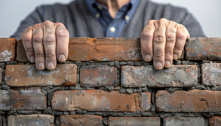 Close up of a businessman constructing a brick wall symbolizing growth and success on whiteの素材
