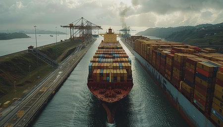 Aerial view of cargo ship with containers navigating panama canal on a sunny dayの素材