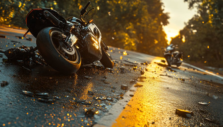 Dramatic close up of a motorcycle accident scene on an open road with lush greenery and sunset glowの素材