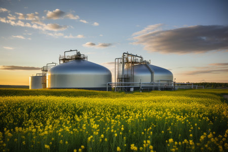 Modern biogas plant against a green rapeseed field under a sunset sky filled with cloudsの素材