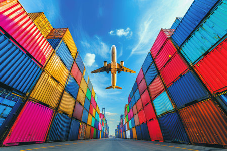 Realistic photo of Israel s seaport with cargo ships, trucks, and a plane in the sky for logisticsの素材