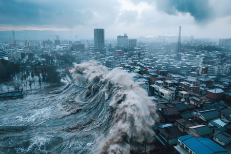 Aerial view of a giant tsunami wave towering over skyscrapers in a coastal city stormの素材