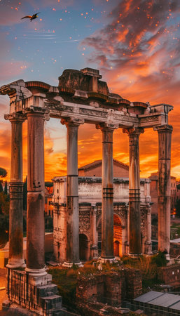 Stunning sunset over ancient roman city with jordan and starry sky illuminating stone columnsの素材