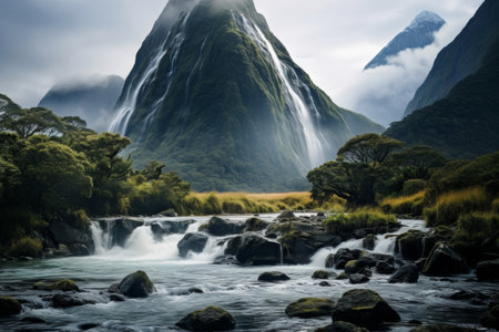 Stunning new zealand mountains and waterfalls a tranquil landscape in perfect harmonyの素材