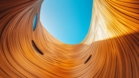 Futuristic architectural marvel with wave like wooden facade against a clear blue skyの素材