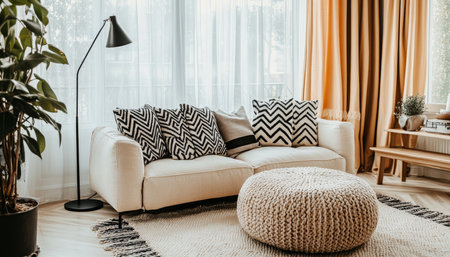 Bright scandinavian living room showcasing modern minimalism with natural light and earthy tonesの素材