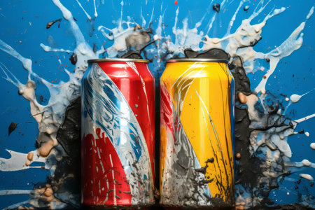 Two distressed aluminum soda cans on vibrant abstract paint splash background in bold colorsの素材
