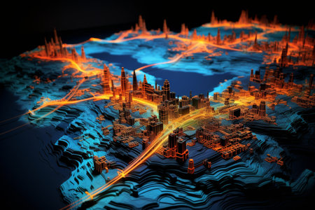 Futuristic holographic 3d topographic map for scientific and urban planning in neon colorsの素材