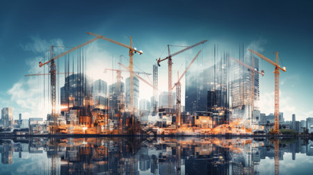 Double exposure of construction site with cranes and buildings on the backgroundの素材