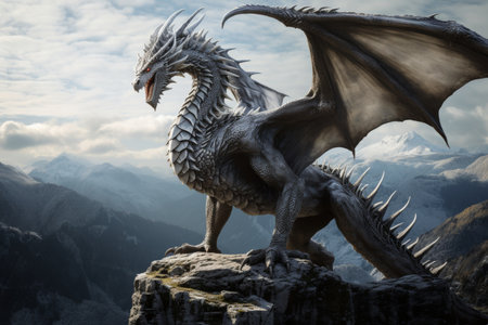 Majestic dragon overlooks rugged mountains a fantasy scene of power and mystery in mythical artの素材