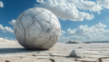 Surreal landscape with a giant spherical rock on cracked desert terrain under a blue skyの素材