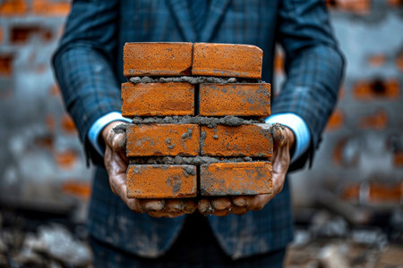 Businessman strategically laying a brick on a wall for construction development conceptの素材