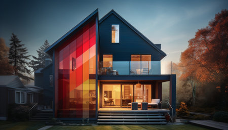 Conceptual modern house model showcasing energy efficiency with vibrant color gradient designの素材