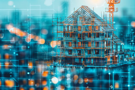 Collage of architectural blueprints showcasing modern house construction with structural materialsの素材