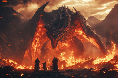 A colossal fire breathing dragon towers over warriors in an apocalyptic, fiery landscapeの素材