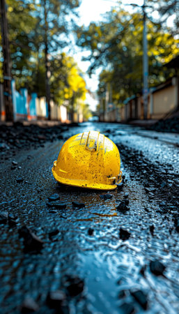 Close up of a yellow construction helmet on asphalt road surrounded by rocks on a sunny dayの素材