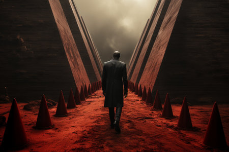A man in a dark suit walks down a surreal path surrounded by jagged red pyramids and decayの素材