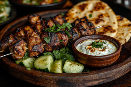 Delicious grilled meat skewers shashlik with fresh vegetables, flatbread, and creamy dipping sauceの素材