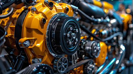 Detailed display of car engine mechanics at automotive exhibition with clear focus on componentsの素材