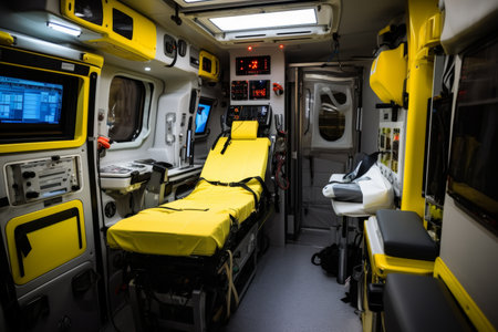 Interior of white and yellow featuring ambulance medical equipment and adult male patient on gurneyの素材