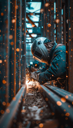 Realistic industrial scene featuring two workers in protective suits welding steel frame with sparksの素材