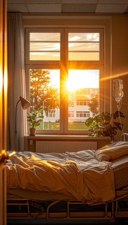 Warm sunlight illuminates a hospital room with a long bed and medical equipment surrounding itの素材