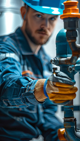 Close up of plumber in workwear fixing heating system with pipe wrench and tools at homeの素材