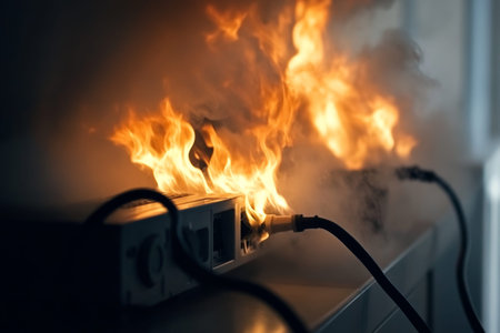 Overloaded power strip creating electrical fire hazard a warning to home safety and awarenessの素材