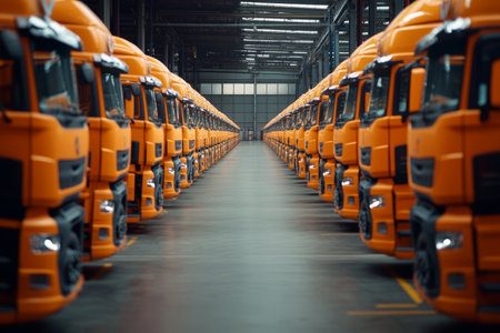 Orange trucks arranged in a warehouse, capturing daytime operations and industrial vibesの素材