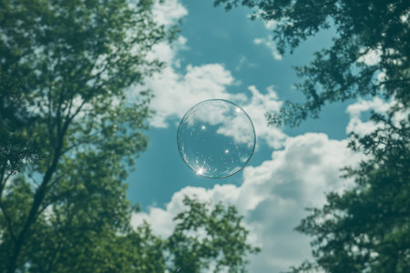 Captivating outdoor photography of a single bubble floating gracefully in the skyの素材