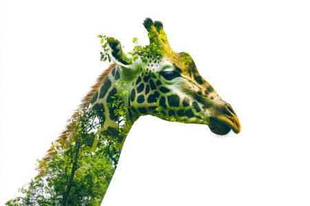 Double exposure of wild animals merging with lush jungle against a clean white backgroundの素材